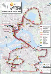 Het parcours van de marathon van Rotterdam in 2015.