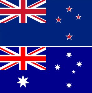 De Nieuw-Zeelandse (boven) en Australische vlag.