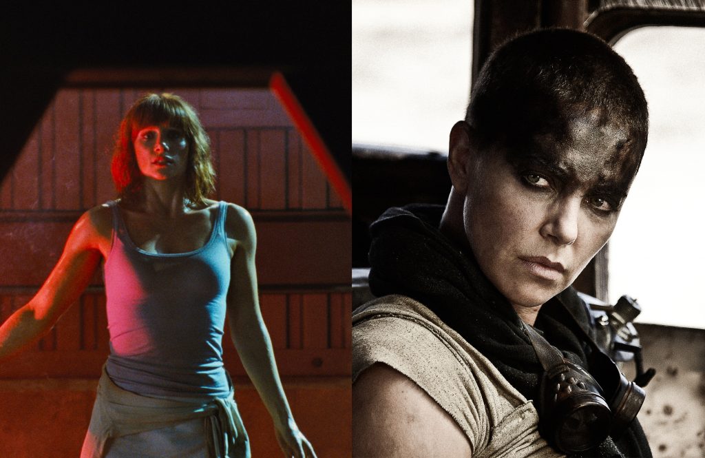 Bryce Dallas Howard in Jurassic World (l) en Charlize Theron in Mad Max: Fury Road (r).