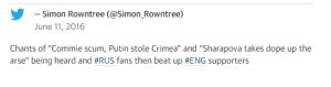 De bewuste tweet van de Britse 'voetbaljournalist' Simon Rowntree. Bron: The Guardian